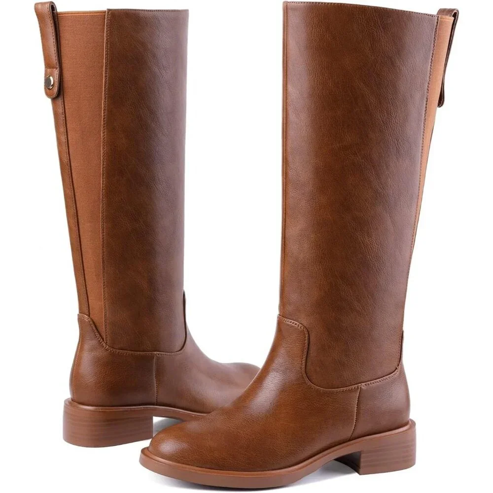 Women's A-brown Chunky Low Heel Pull On Riding Comfortable Knee High Boots
